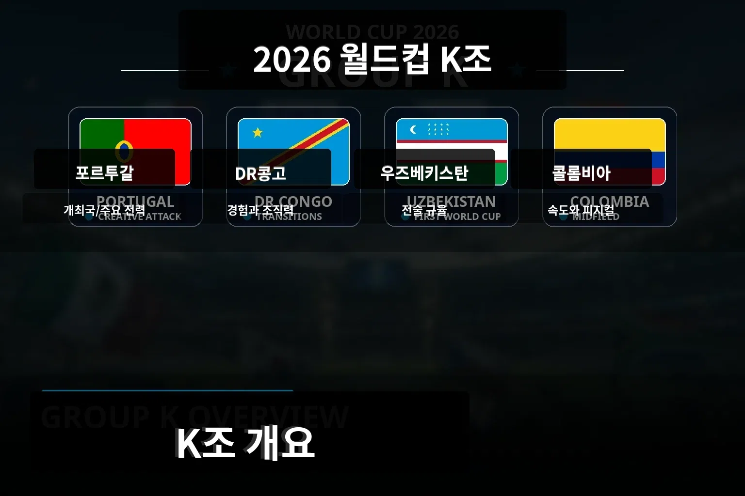 2026 월드컵 K조 overview with stadium atmosphere